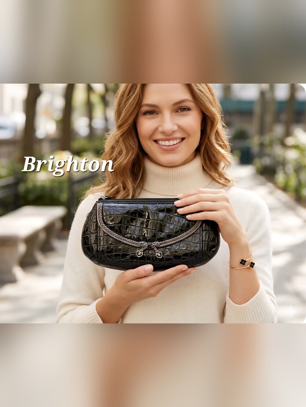 Brighton Black Croc-Embossed Wristlet with Braided Trim